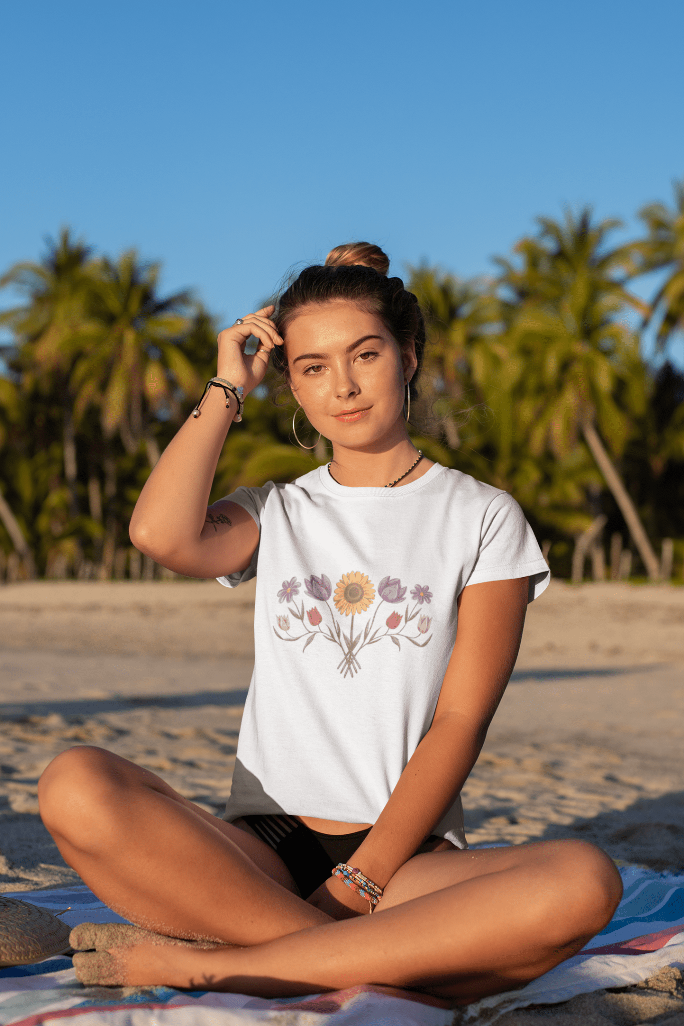 Boho Sunflower Daisy and Tulip Fan Bouquet T-Shirt - Inken Image