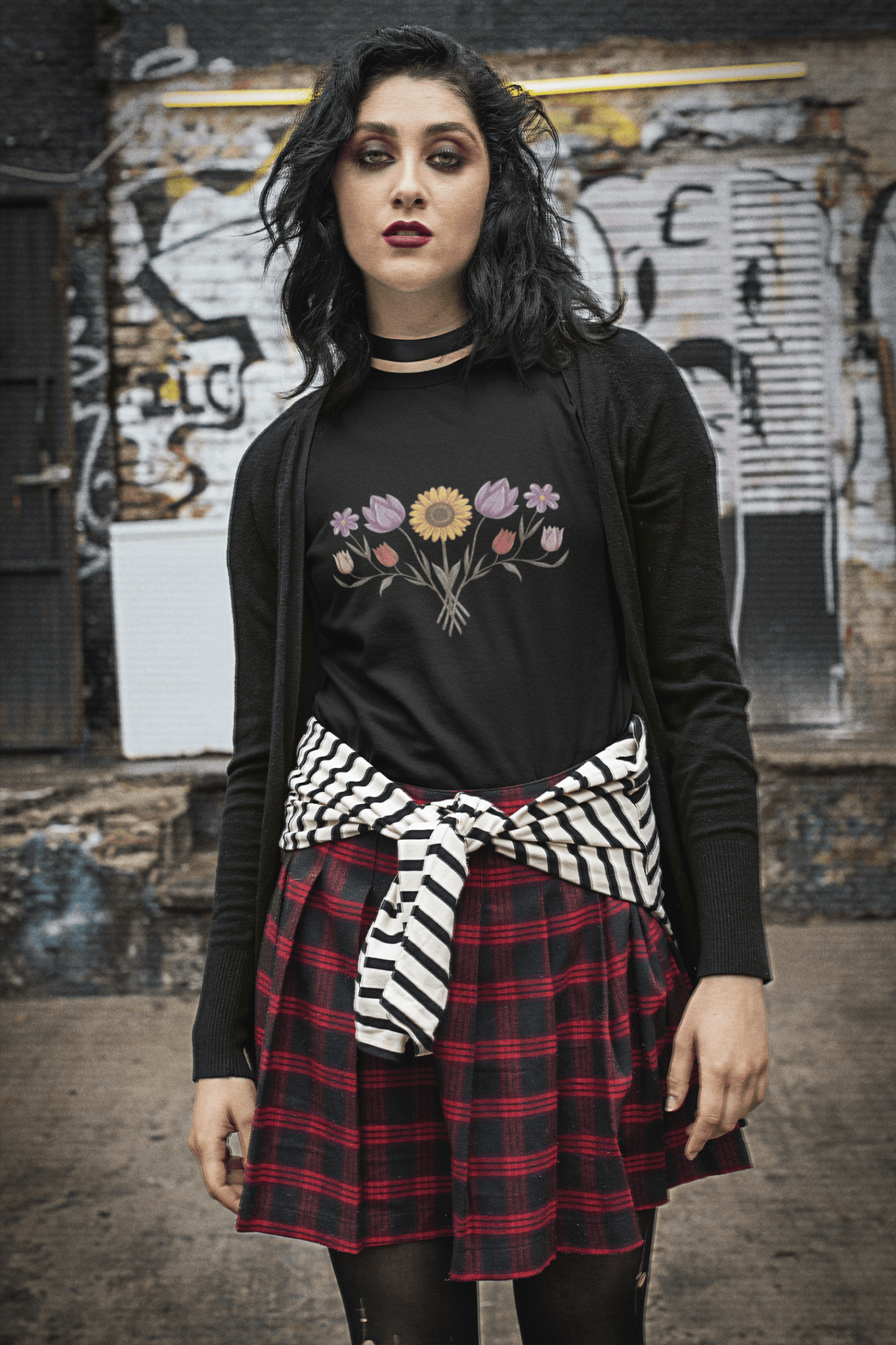 Boho Sunflower Daisy and Tulip Fan Bouquet T-Shirt - Inken Image