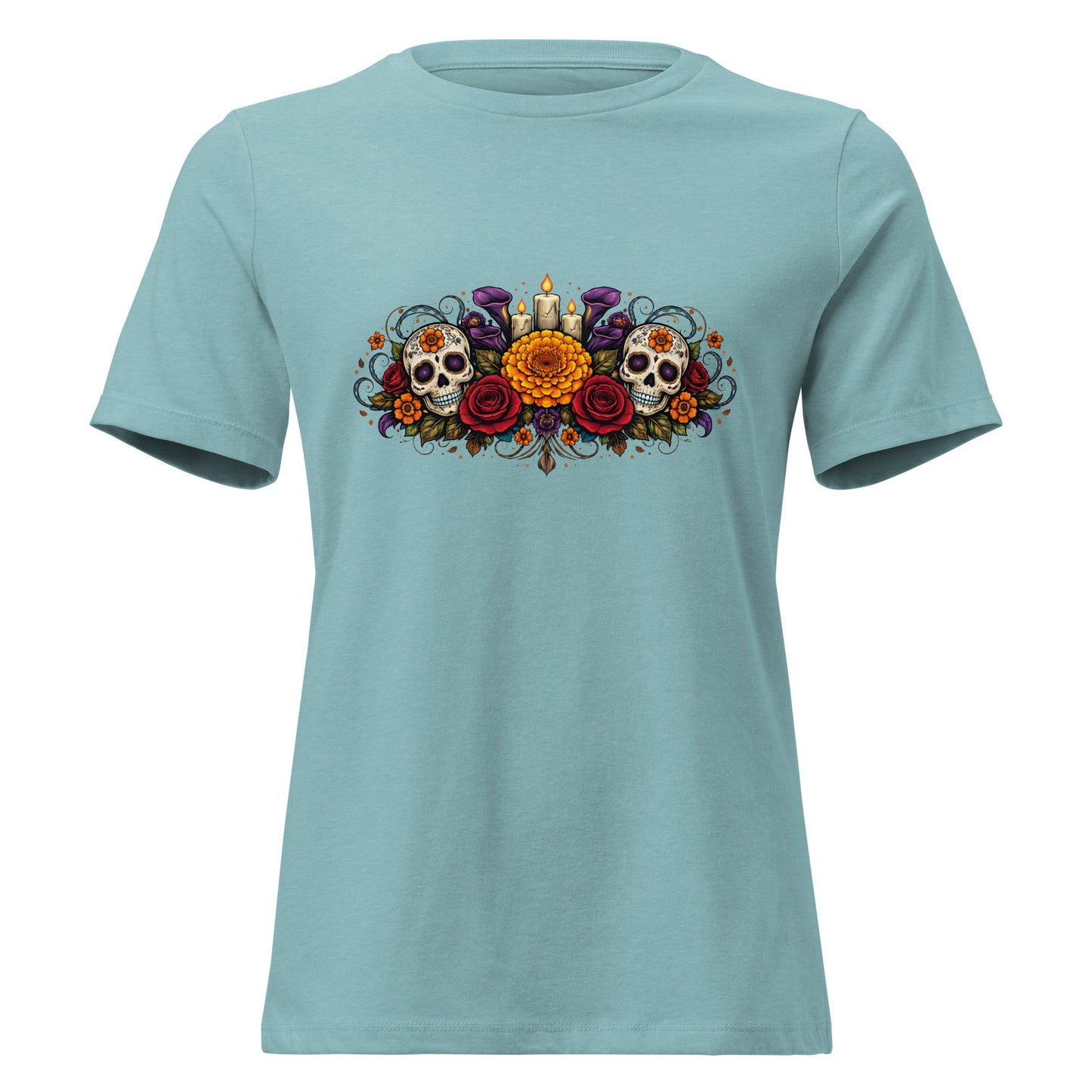 Calavera Bouquet Dia De Los Muertos Tee Gothic Sugar Skull Shirt - Inken Image