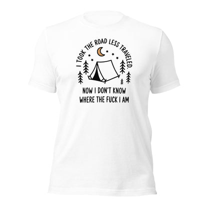 Camping T-Shirt Road Less Traveled Shirt Outdoors Hiking Tee - Inken Image