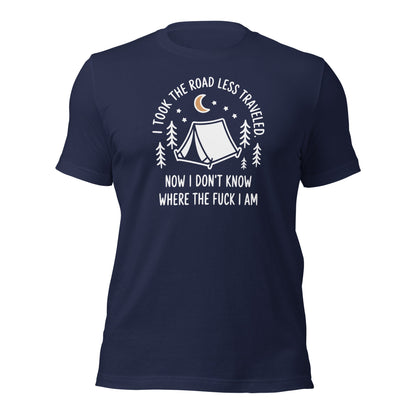 Camping T-Shirt Road Less Traveled Shirt Outdoors Hiking Tee - Inken Image