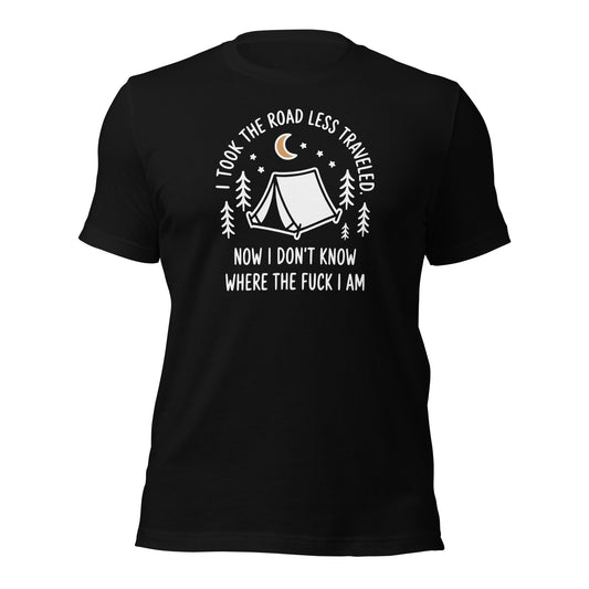 Camping T-Shirt Road Less Traveled Shirt Outdoors Hiking Tee - Inken Image