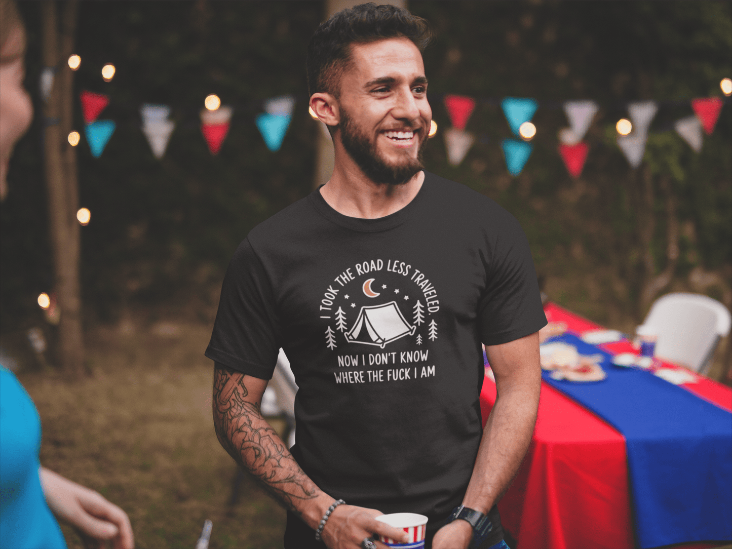 Camping T-Shirt Road Less Traveled Shirt Outdoors Hiking Tee - Inken Image