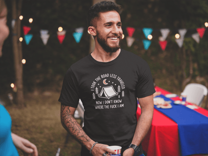 Camping T-Shirt Road Less Traveled Shirt Outdoors Hiking Tee - Inken Image