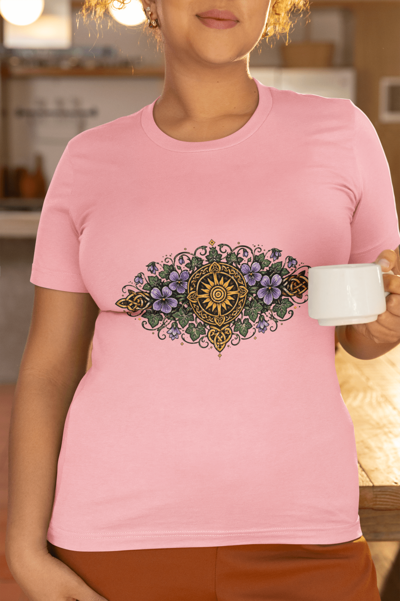 Celtic Summer Bouquet Women’s Shirt Sunwheel Knotwork Nature Tee - Inken Image