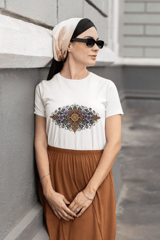 Celtic Summer Bouquet Women’s Shirt Sunwheel Knotwork Nature Tee - Inken Image