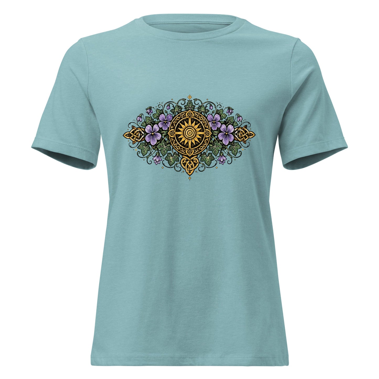 Celtic Summer Bouquet Women’s Shirt Sunwheel Knotwork Nature Tee - Inken Image