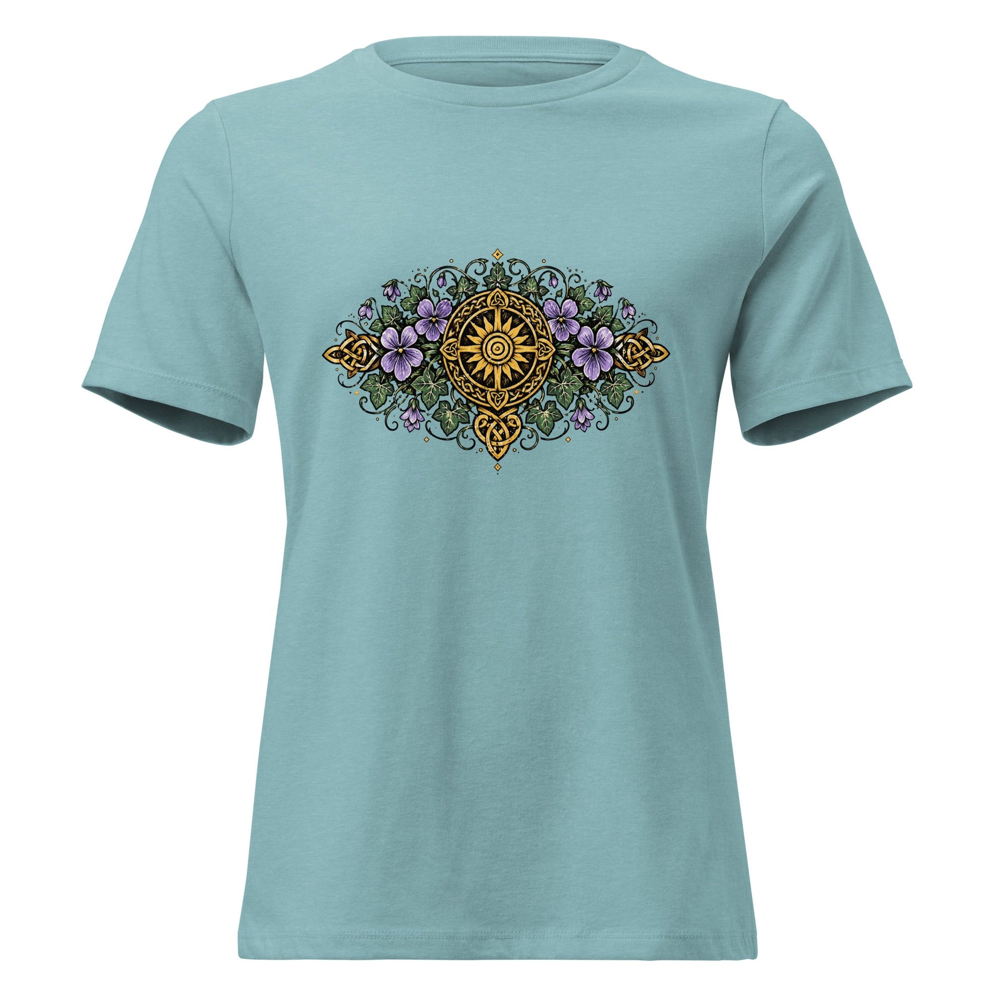 Celtic Summer Bouquet Women’s Shirt Sunwheel Knotwork Nature Tee - Inken Image