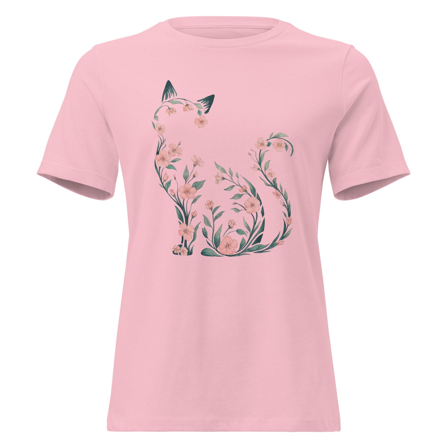 Cherry Blossom Seated Cat Silhouette Botanical T-Shirt - Inken Image