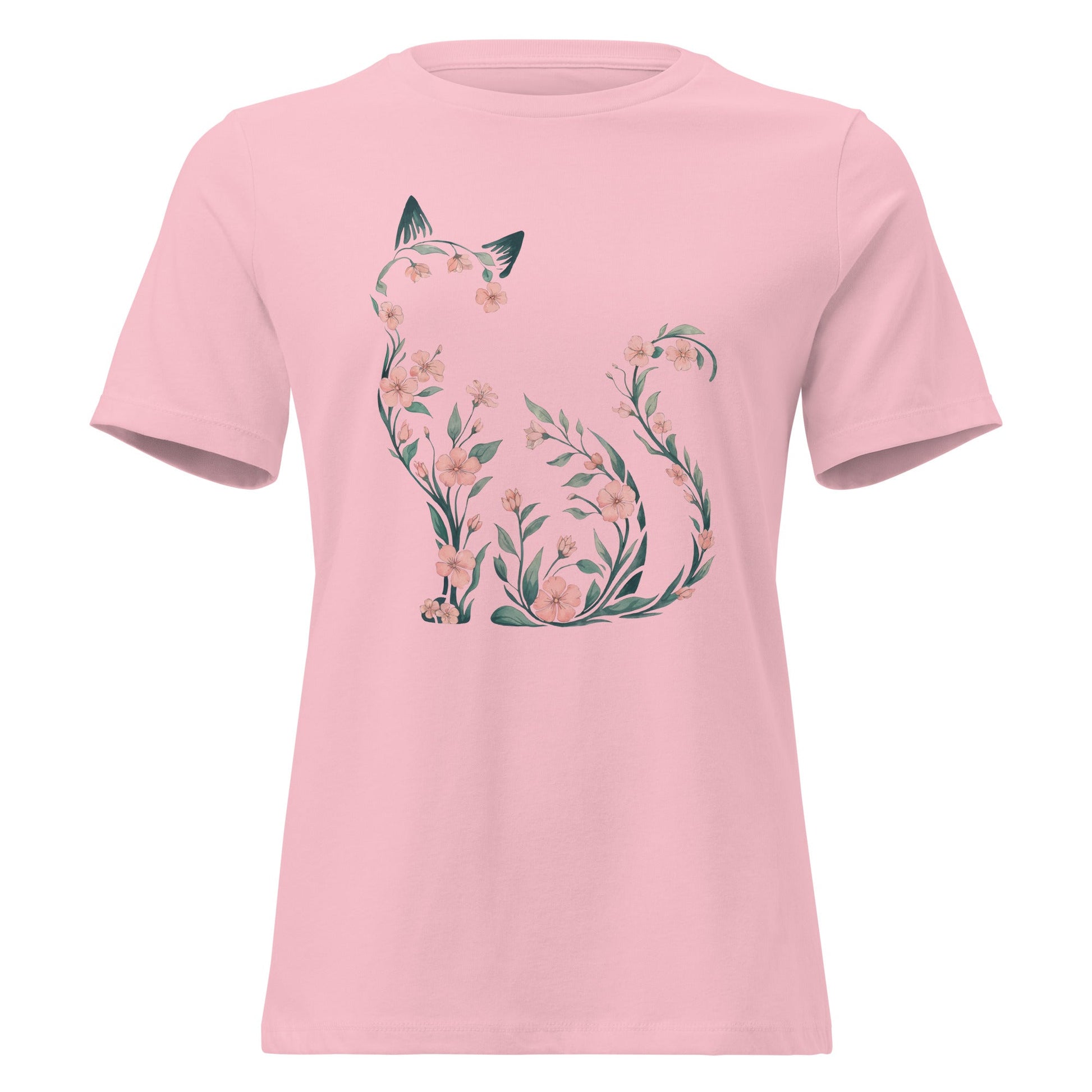 Cherry Blossom Seated Cat Silhouette Botanical T-Shirt - Inken Image