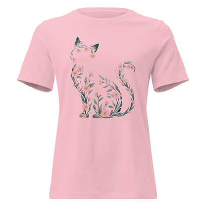 Cherry Blossom Seated Cat Silhouette Botanical T-Shirt - Inken Image