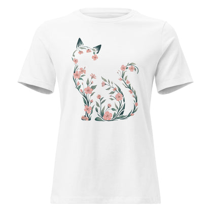 Cherry Blossom Seated Cat Silhouette Botanical T-Shirt - Inken Image