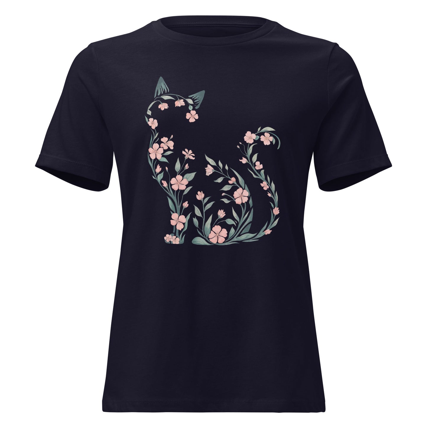 Cherry Blossom Seated Cat Silhouette Botanical T-Shirt - Inken Image
