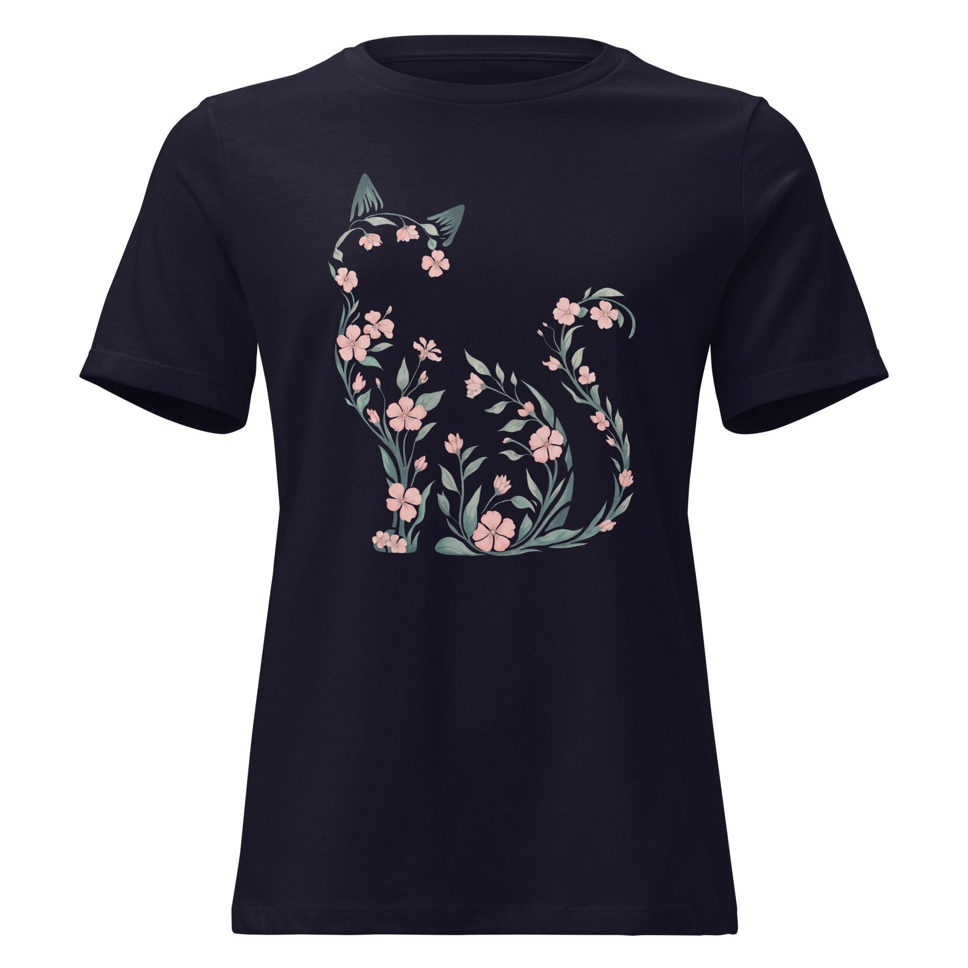 Cherry Blossom Seated Cat Silhouette Botanical T-Shirt - Inken Image