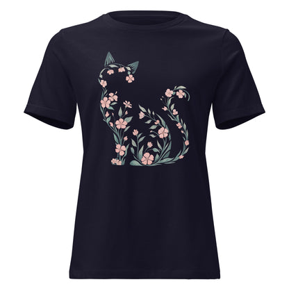 Cherry Blossom Seated Cat Silhouette Botanical T-Shirt - Inken Image