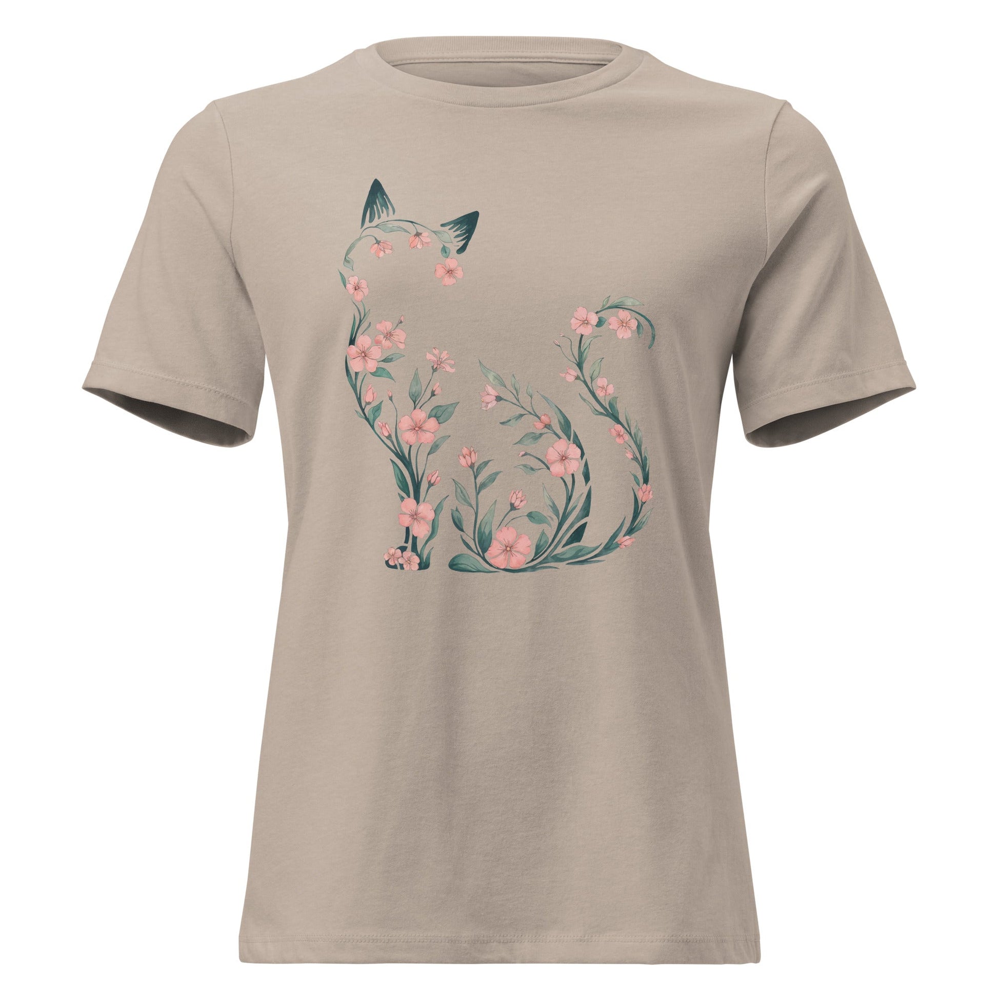 Cherry Blossom Seated Cat Silhouette Botanical T-Shirt - Inken Image