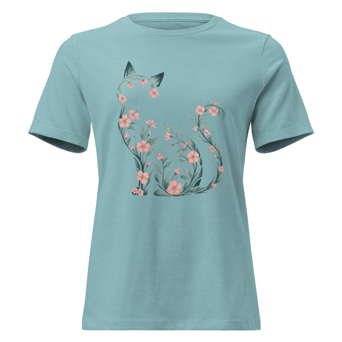 Cherry Blossom Seated Cat Silhouette Botanical T-Shirt - Inken Image
