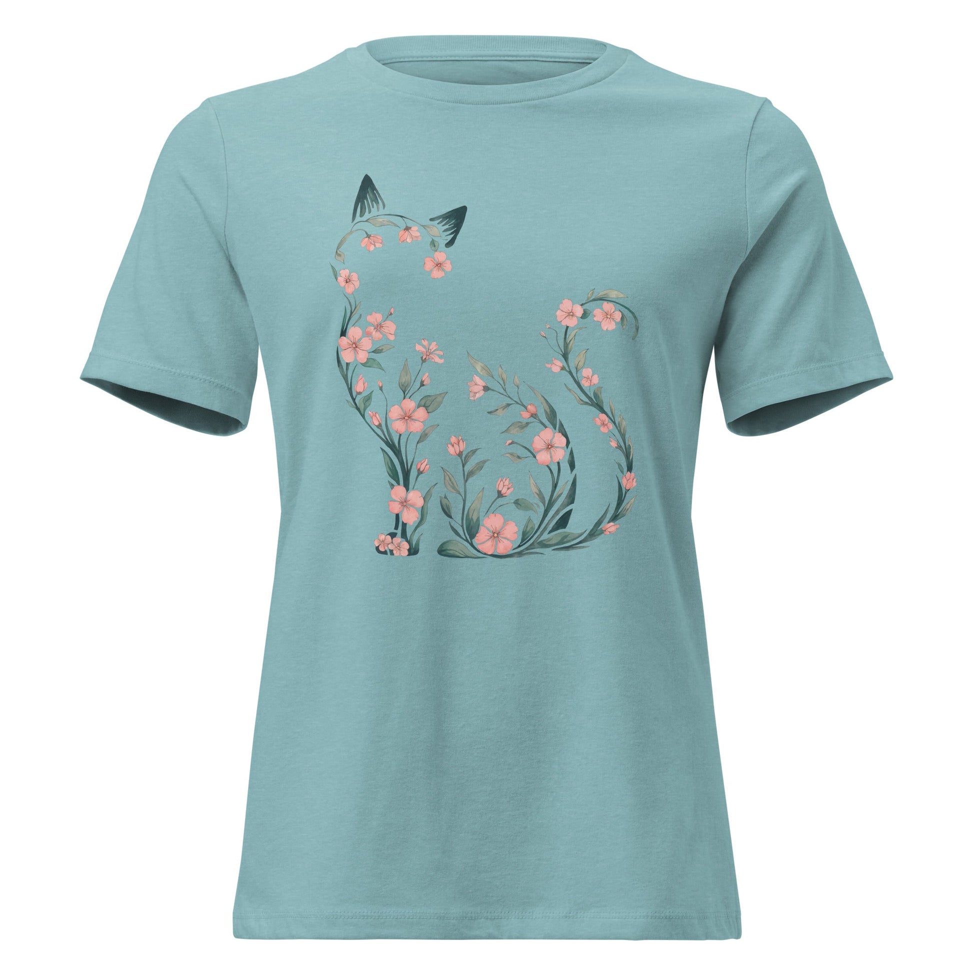 Cherry Blossom Seated Cat Silhouette Botanical T-Shirt - Inken Image