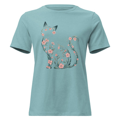 Cherry Blossom Seated Cat Silhouette Botanical T-Shirt - Inken Image