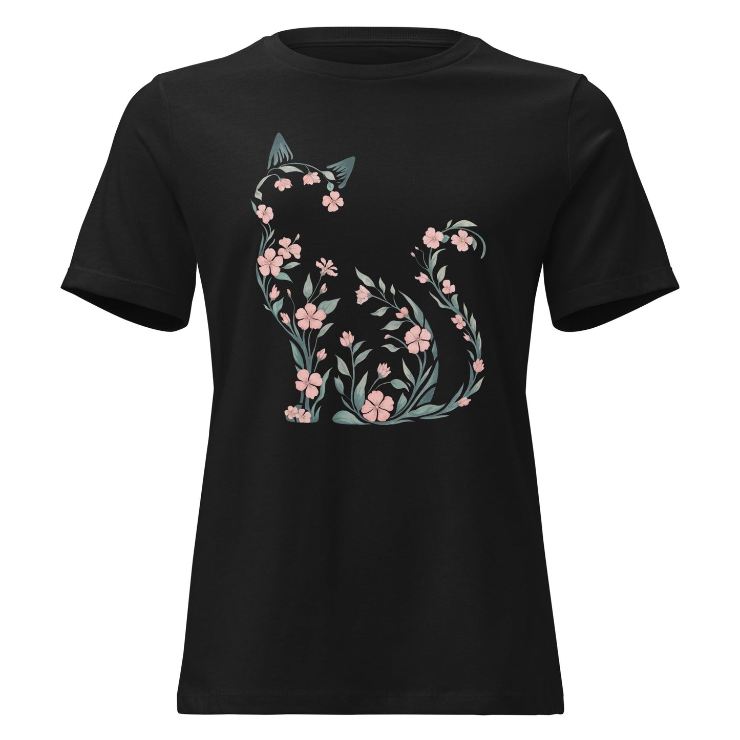 Cherry Blossom Seated Cat Silhouette Botanical T-Shirt - Inken Image