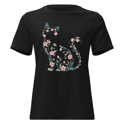 Cherry Blossom Seated Cat Silhouette Botanical T-Shirt - Inken Image