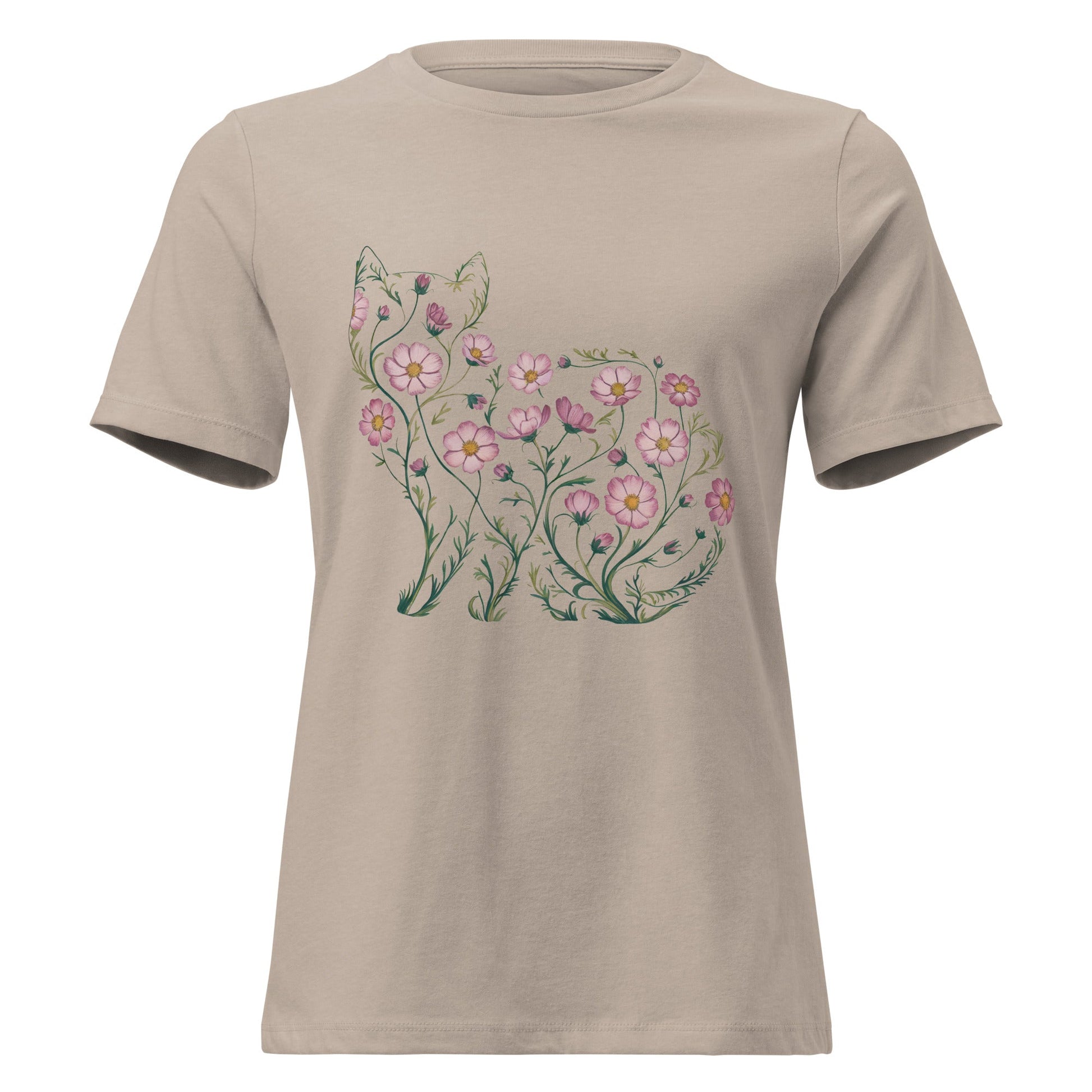 Cosmos Flower Cat Silhouette Botanical T-Shirt - Inken Image