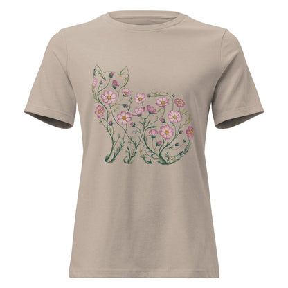 Cosmos Flower Cat Silhouette Botanical T-Shirt - Inken Image