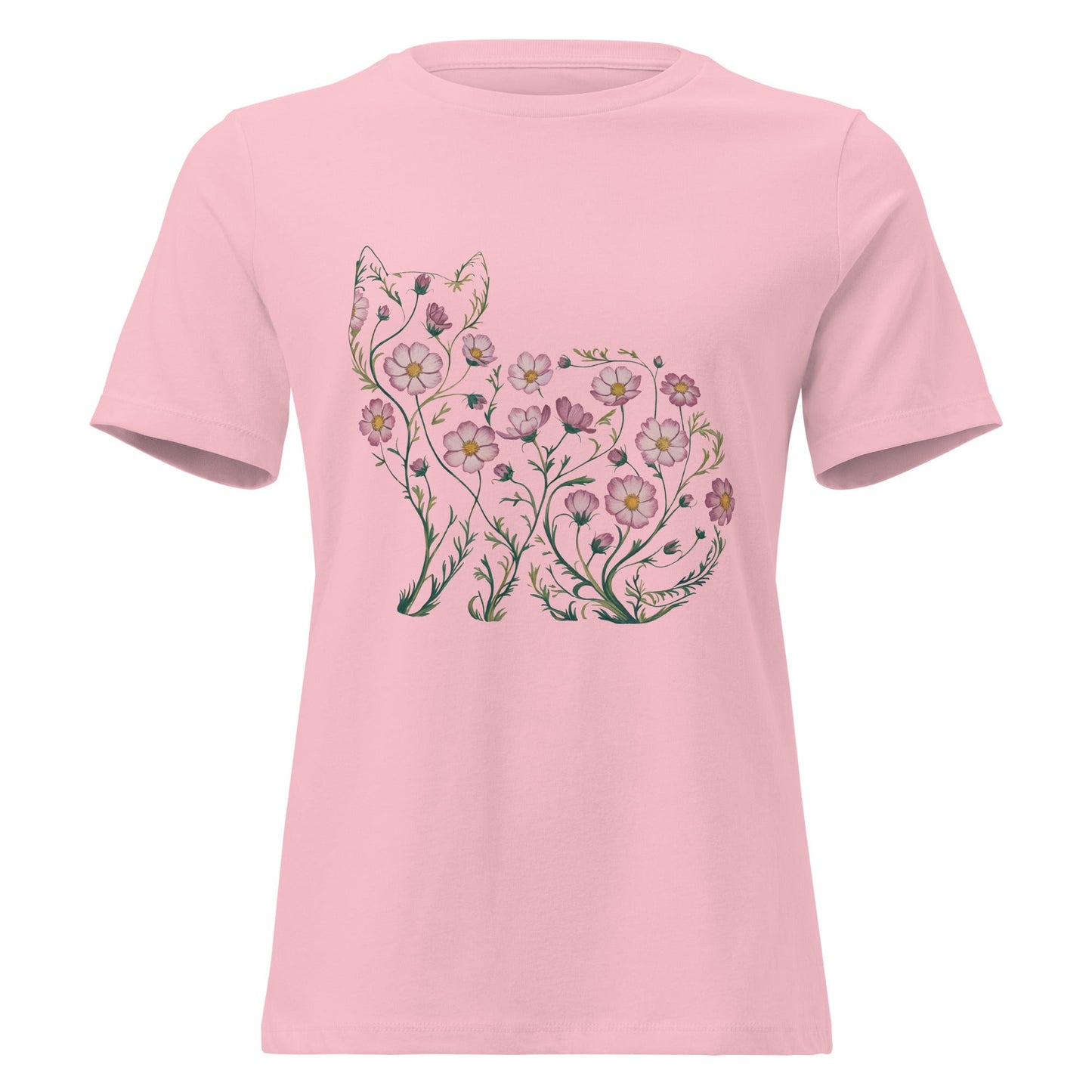 Cosmos Flower Cat Silhouette Botanical T-Shirt - Inken Image
