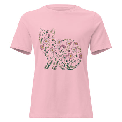 Cosmos Flower Cat Silhouette Botanical T-Shirt - Inken Image
