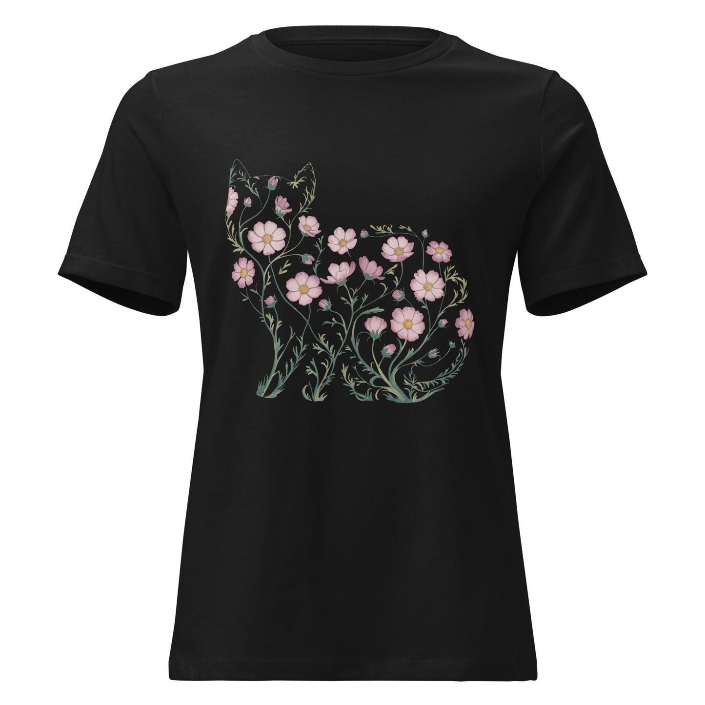 Cosmos Flower Cat Silhouette Botanical T-Shirt - Inken Image