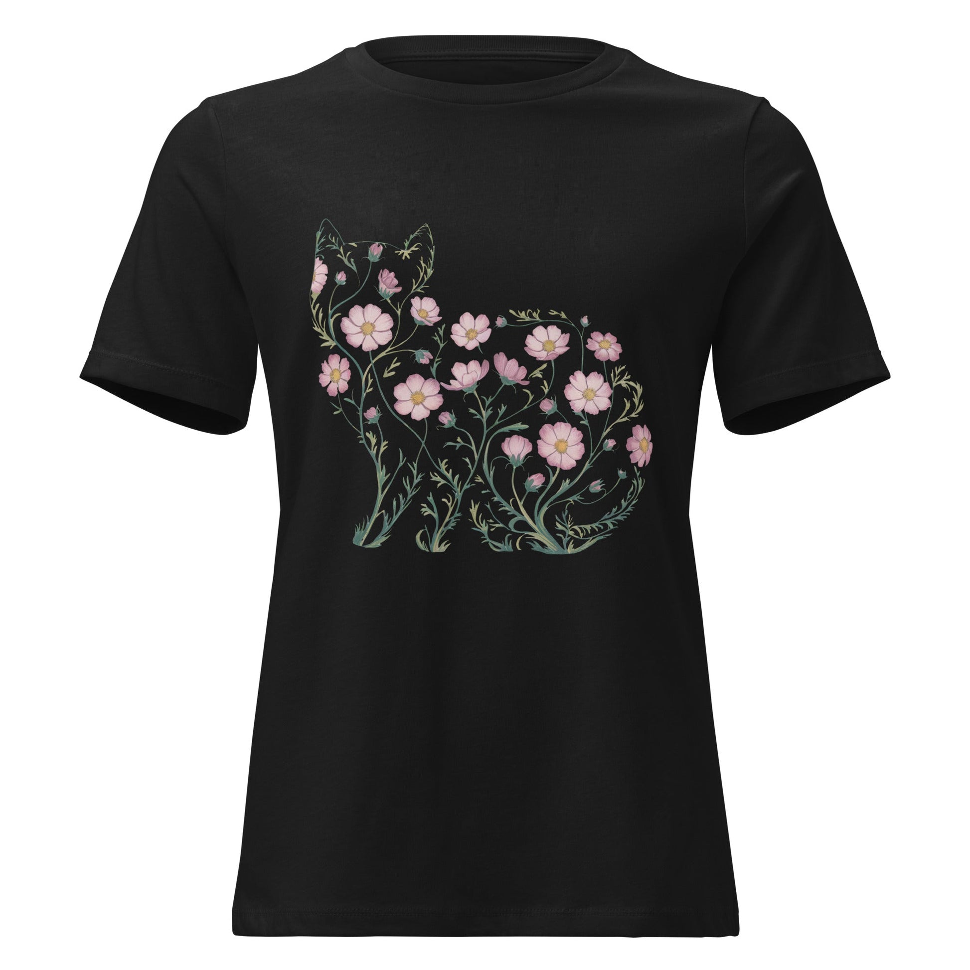 Cosmos Flower Cat Silhouette Botanical T-Shirt - Inken Image