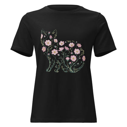 Cosmos Flower Cat Silhouette Botanical T-Shirt - Inken Image