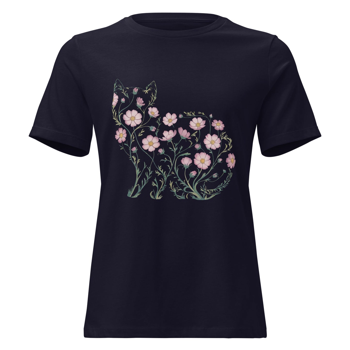 Cosmos Flower Cat Silhouette Botanical T-Shirt - Inken Image