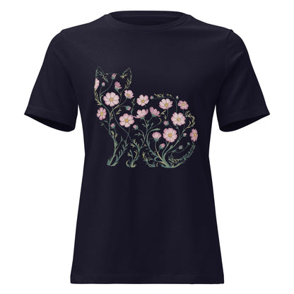 Cosmos Flower Cat Silhouette Botanical T-Shirt - Inken Image