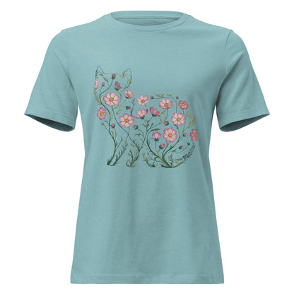 Cosmos Flower Cat Silhouette Botanical T-Shirt - Inken Image