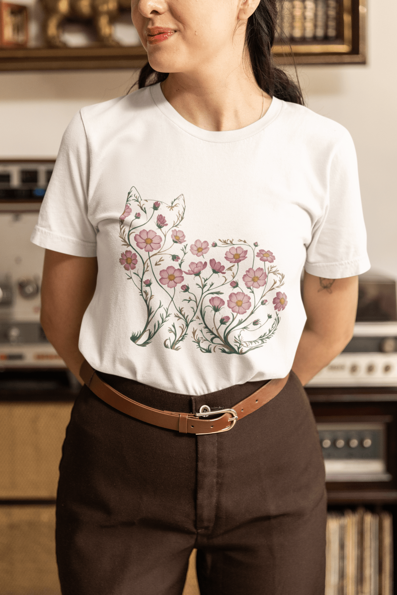 Cosmos Flower Cat Silhouette Botanical T-Shirt - Inken Image