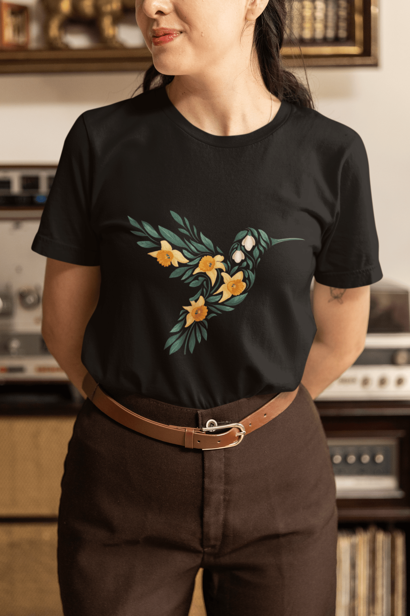 Daffodil Floral Hummingbird Silhouette T-Shirt - Inken Image