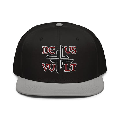 Deus Vult God Wills It Asymmetric Cross Emblem Embroidered Snapback Hat - Inken Image