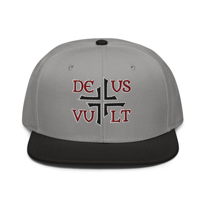 Deus Vult God Wills It Asymmetric Cross Emblem Embroidered Snapback Hat - Inken Image