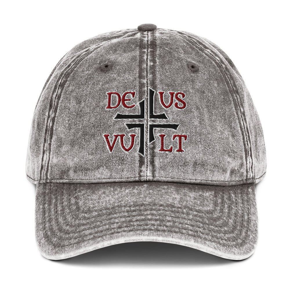Deus Vult God Wills It Asymmetric Cross Emblem Embroidered Vintage Cotton Twill Cap - Inken Image