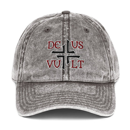 Deus Vult God Wills It Asymmetric Cross Emblem Embroidered Vintage Cotton Twill Cap - Inken Image