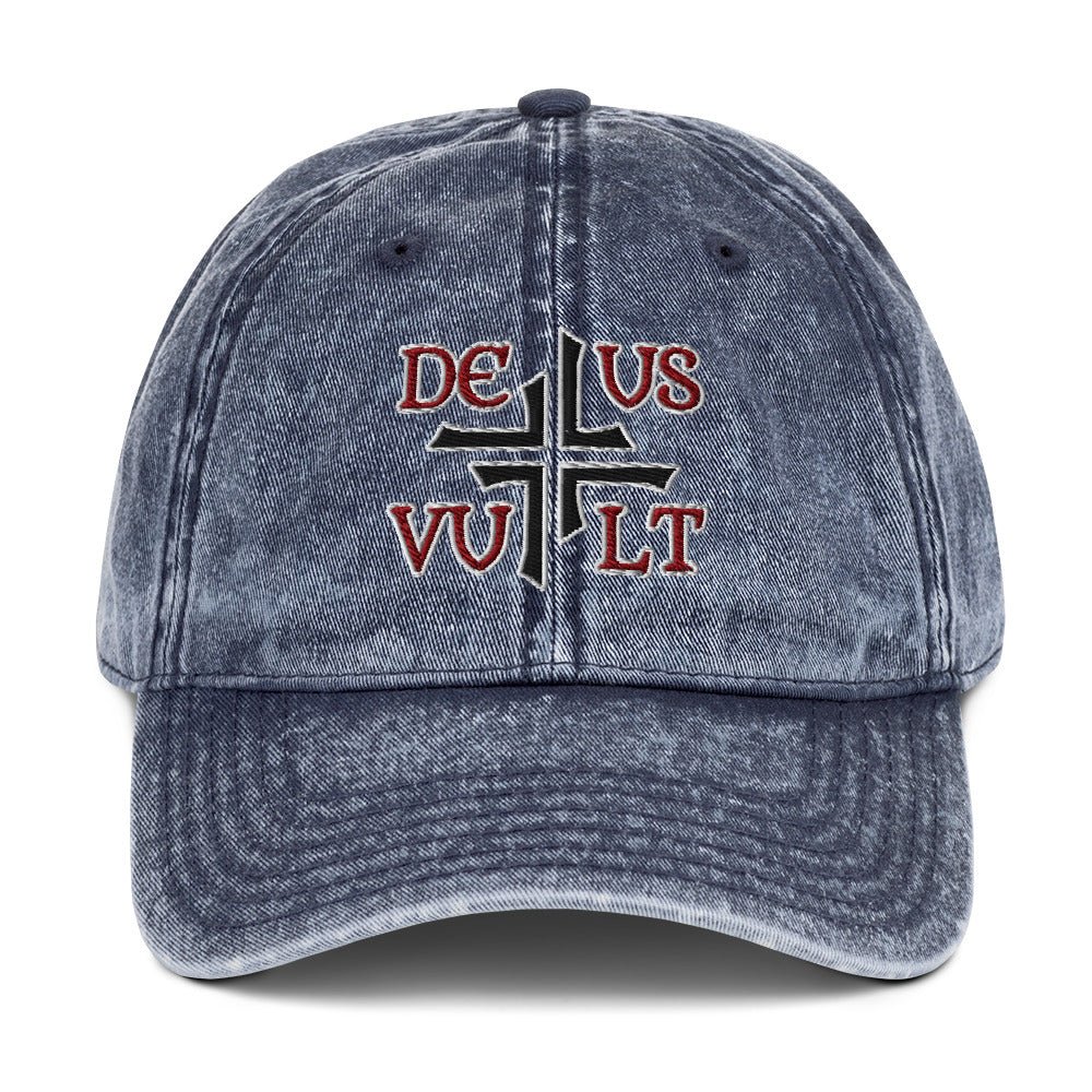 Deus Vult God Wills It Asymmetric Cross Emblem Embroidered Vintage Cotton Twill Cap - Inken Image