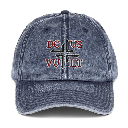 Deus Vult God Wills It Asymmetric Cross Emblem Embroidered Vintage Cotton Twill Cap - Inken Image