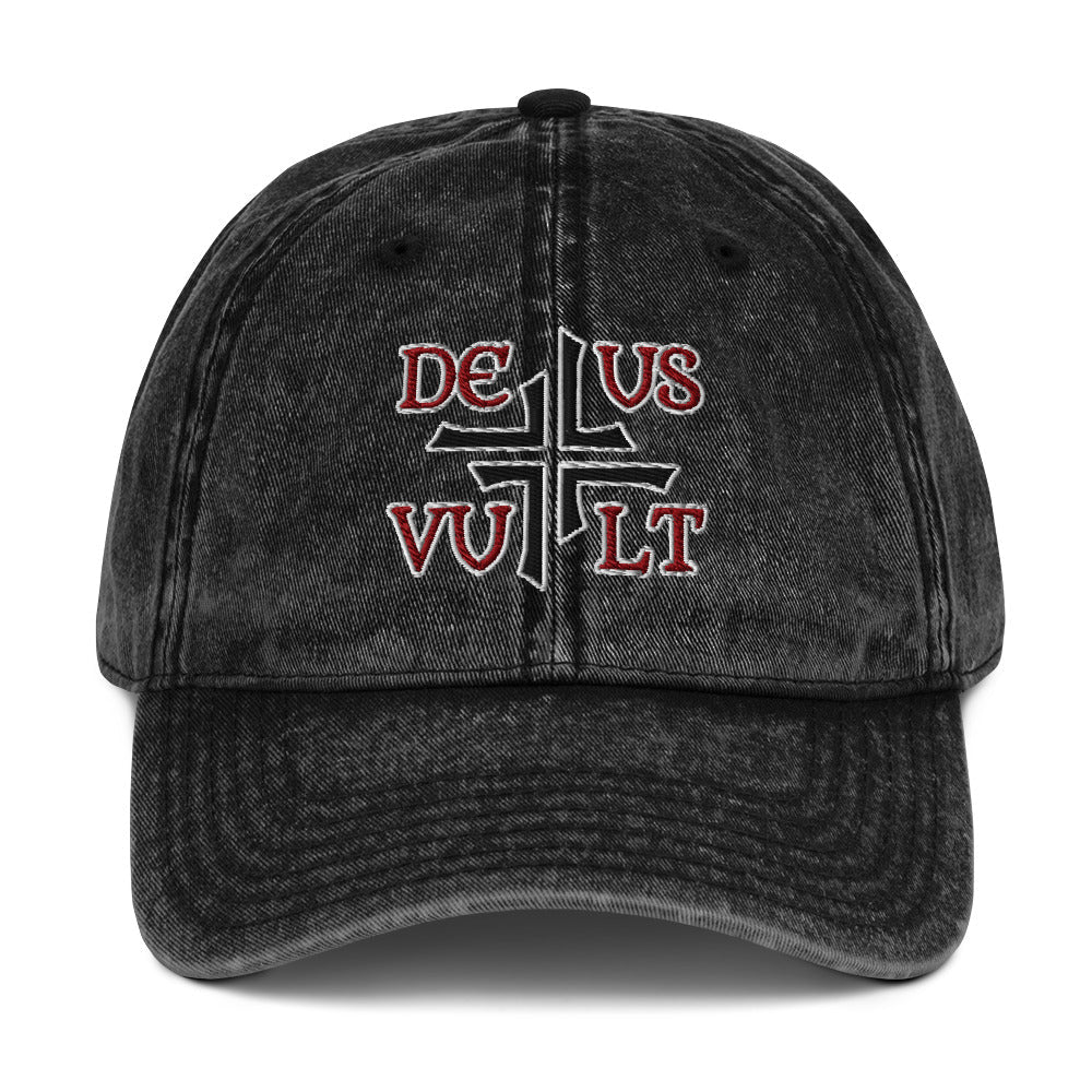 Deus Vult God Wills It Asymmetric Cross Emblem Embroidered Vintage Cotton Twill Cap - Inken Image