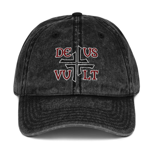 Deus Vult God Wills It Asymmetric Cross Emblem Embroidered Vintage Cotton Twill Cap - Inken Image