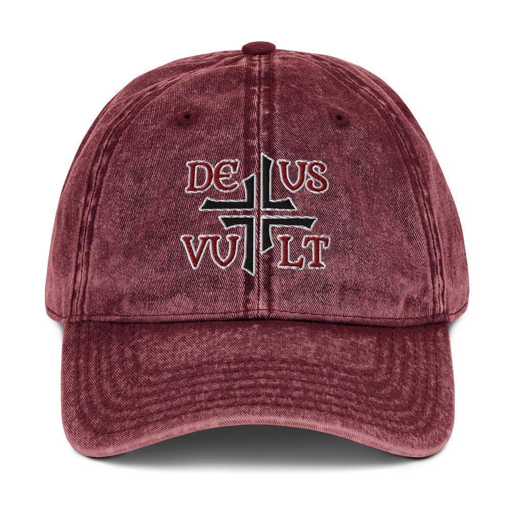 Deus Vult God Wills It Asymmetric Cross Emblem Embroidered Vintage Cotton Twill Cap - Inken Image