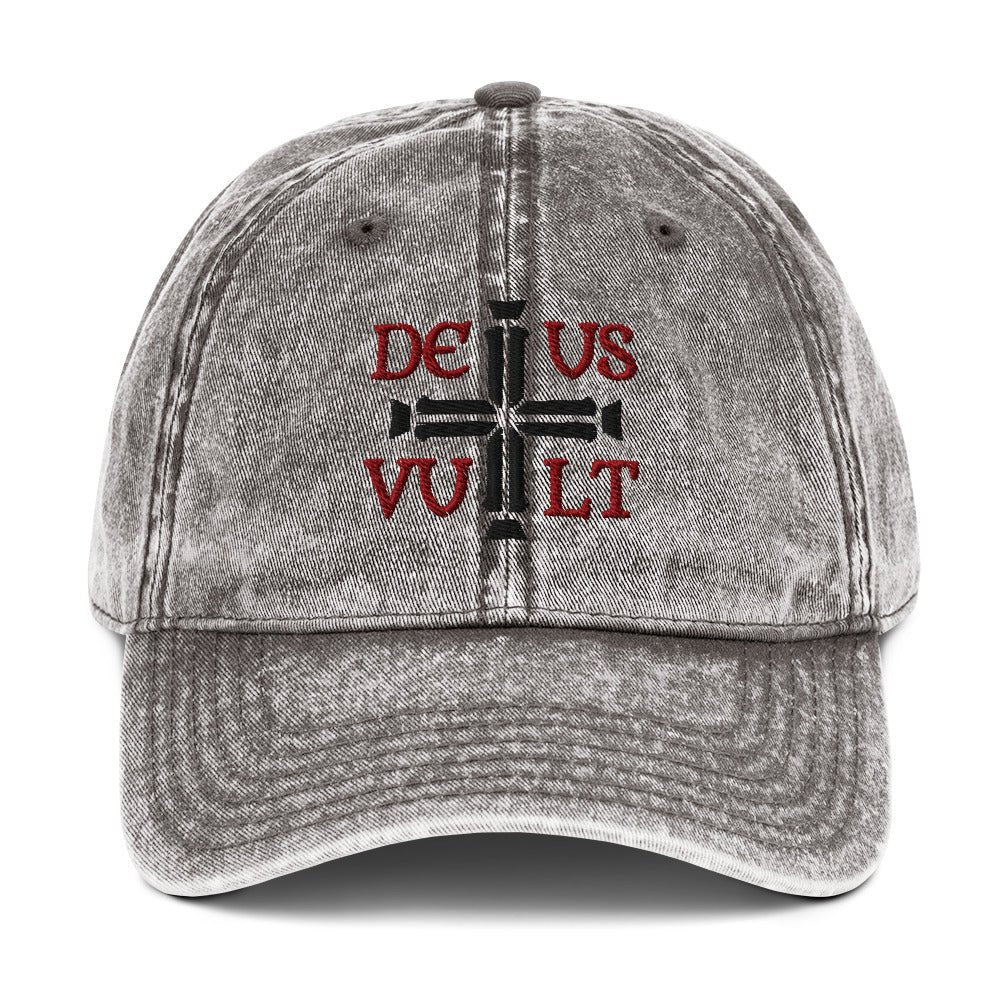 Deus Vult God Wills It Cross Emblem Embroidered Vintage Cotton Twill Cap - Inken Image
