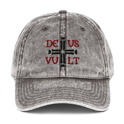 Deus Vult God Wills It Cross Emblem Embroidered Vintage Cotton Twill Cap - Inken Image