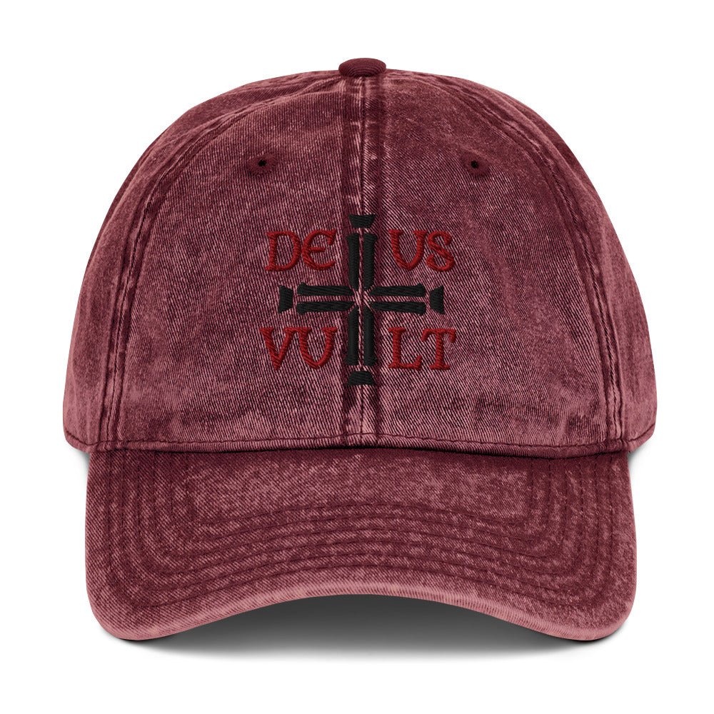Deus Vult God Wills It Cross Emblem Embroidered Vintage Cotton Twill Cap - Inken Image