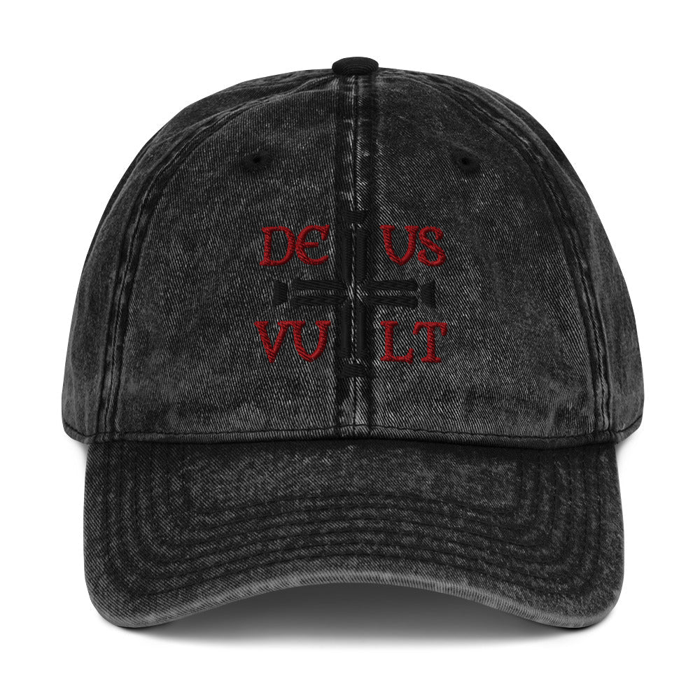 Deus Vult God Wills It Cross Emblem Embroidered Vintage Cotton Twill Cap - Inken Image